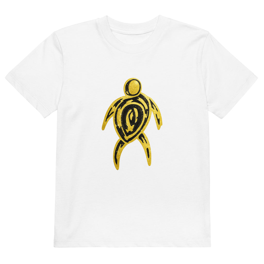 Golden Spirit Tee — white organic cotton kids t-shirt with bold gold tribal sea turtle design by Gabrielle