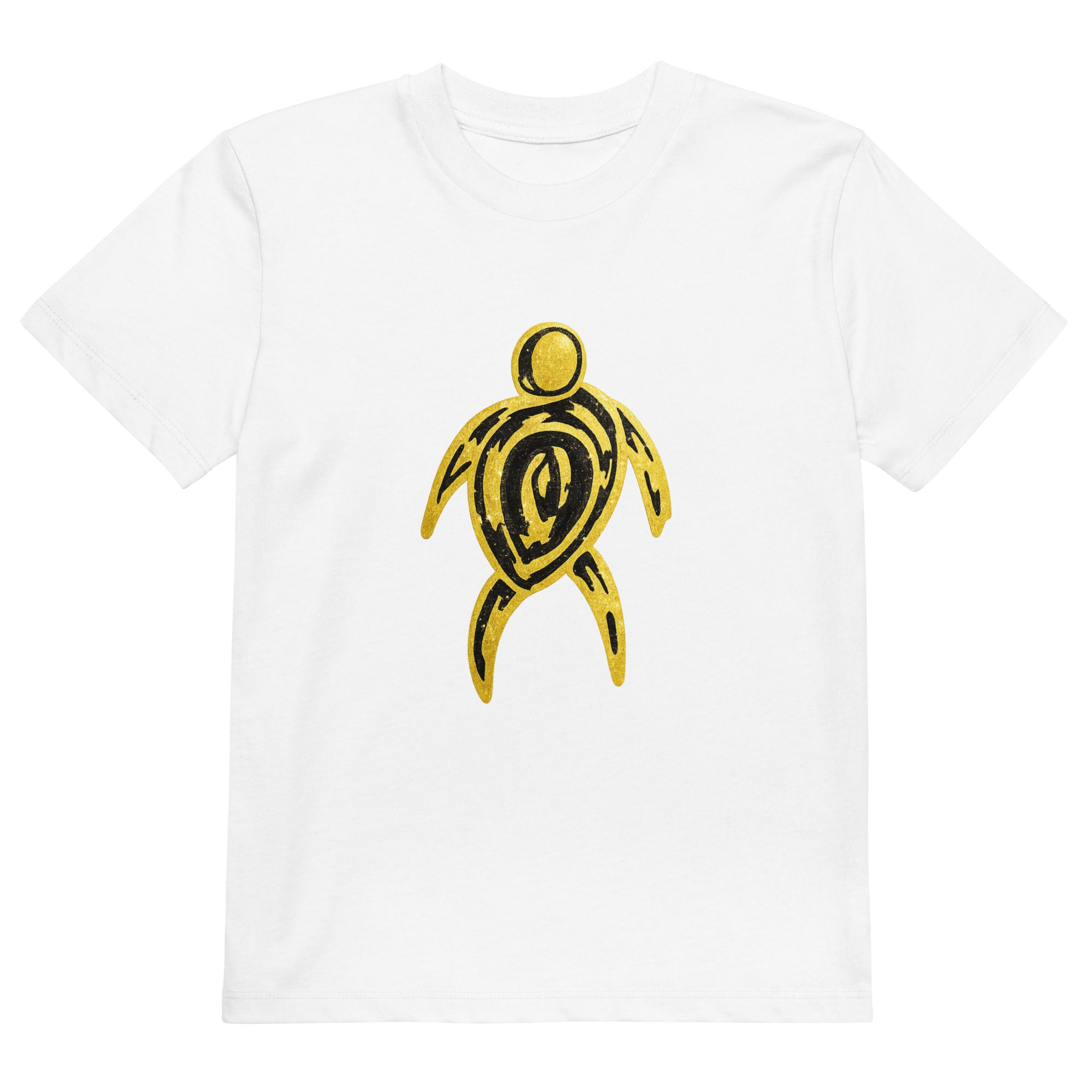 Golden Spirit Tee — white organic cotton kids t-shirt with bold gold tribal sea turtle design by Gabrielle
