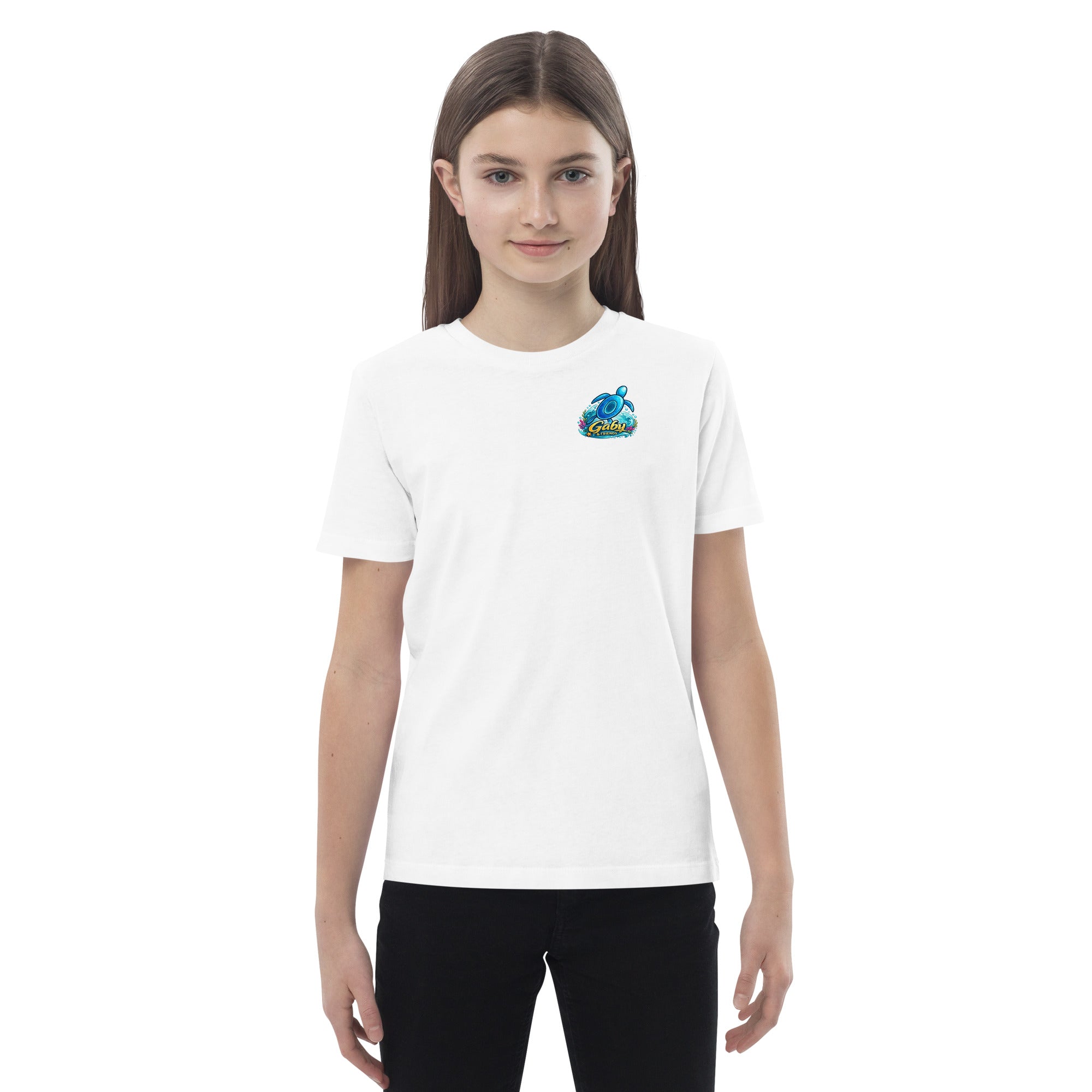 The Gaby Tee — white organic cotton kids t-shirt with Gaby & Friends turtle logo, worn by a girl
